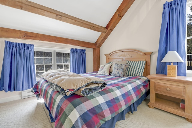 carpeted bedroom featuring vaulted ceiling with beams