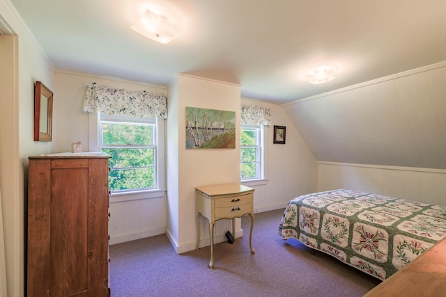 carpeted bedroom with lofted ceiling and wooden walls