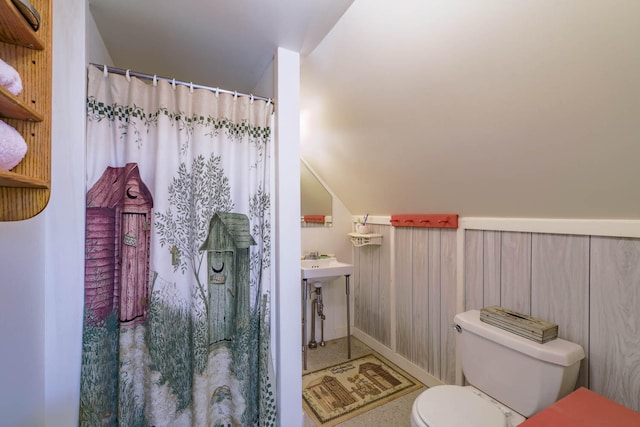 bathroom featuring lofted ceiling and toilet