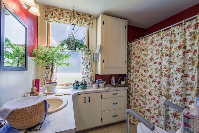 interior space with a shower with shower curtain and vanity