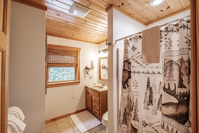 bathroom with wooden ceiling, vanity, a shower with curtain, and tile patterned floors