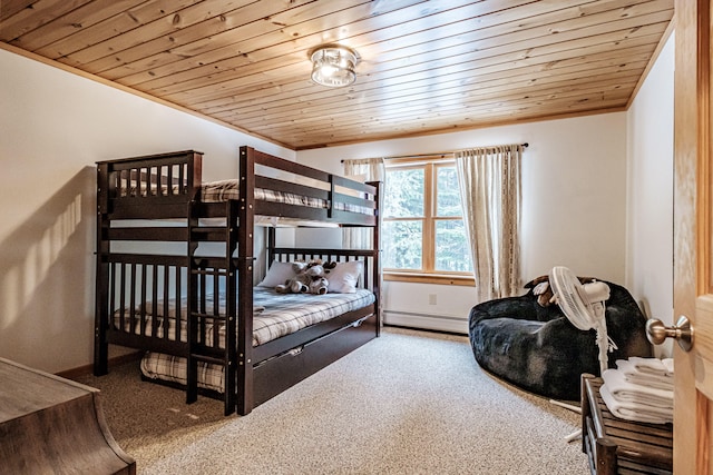 carpeted bedroom featuring wooden ceiling, a baseboard heating unit, and ornamental molding