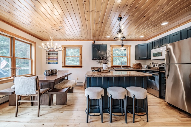 kitchen with stainless steel appliances, light wood finished floors, a kitchen island, and a sink