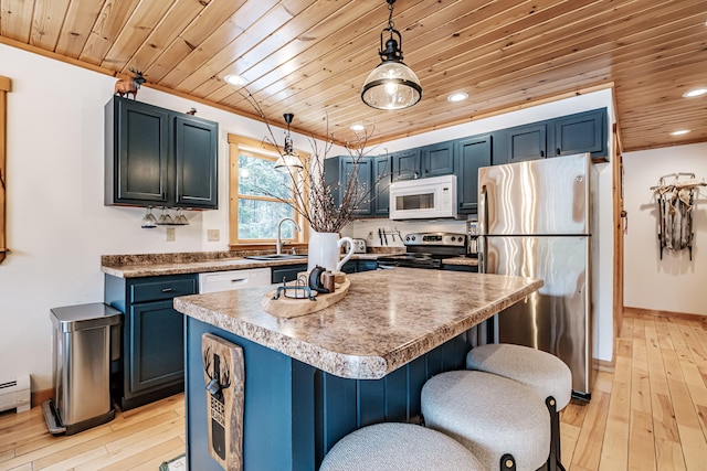 kitchen featuring appliances with stainless steel finishes, light wood-type flooring, wood ceiling, and a sink