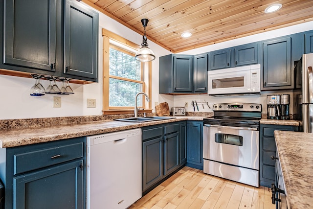 kitchen with white appliances, a sink, wood ceiling, hanging light fixtures, and light wood finished floors