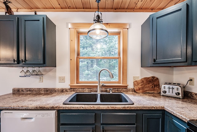 kitchen featuring black / electric stove, wooden ceiling, a sink, dishwasher, and decorative light fixtures