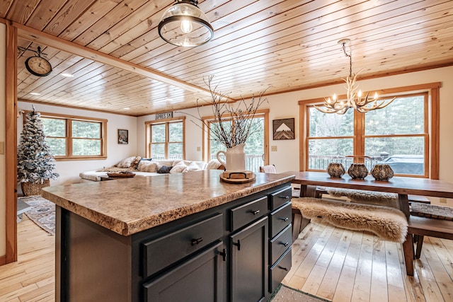 kitchen featuring decorative light fixtures, light wood-type flooring, wood ceiling, and a center island