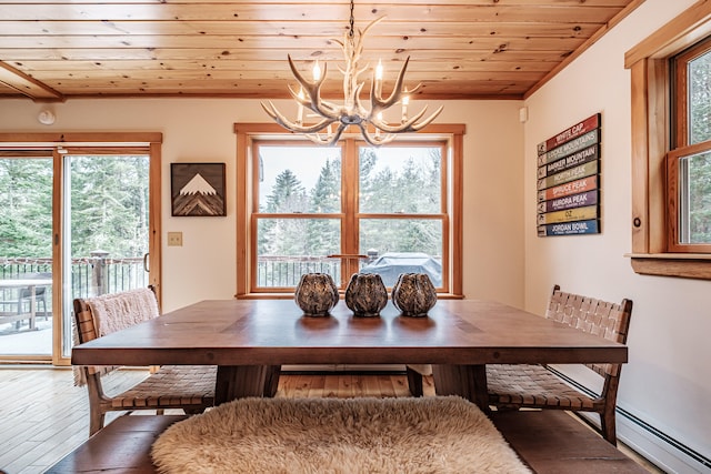 dining space featuring a chandelier, baseboard heating, wooden ceiling, and wood finished floors