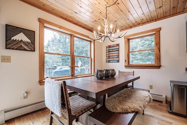 dining room featuring a baseboard radiator, wooden ceiling, a notable chandelier, and light wood-style flooring