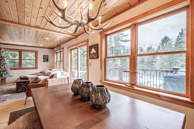 dining room with plenty of natural light, wood ceiling, and hardwood / wood-style floors