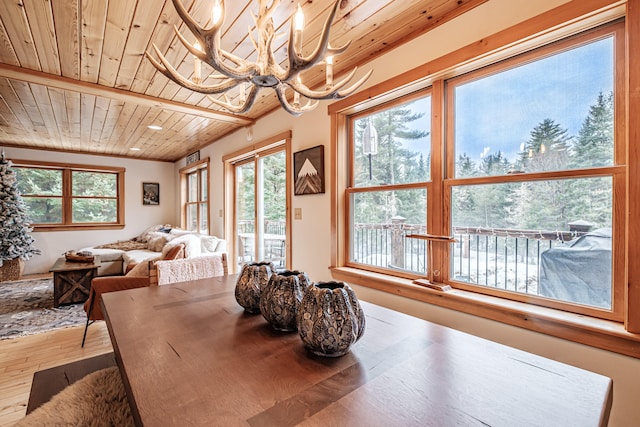 dining space with wood ceiling, plenty of natural light, and wood-type flooring