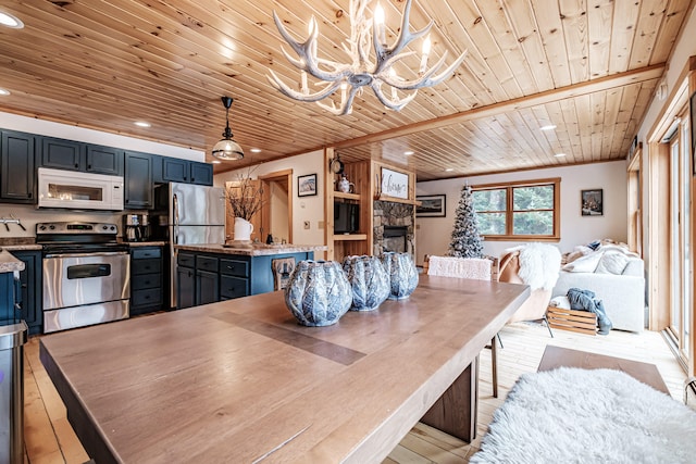 dining room featuring light wood finished floors, wood ceiling, and recessed lighting