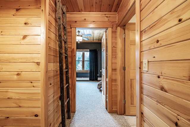 hall featuring wood ceiling, wood walls, a baseboard radiator, and light colored carpet