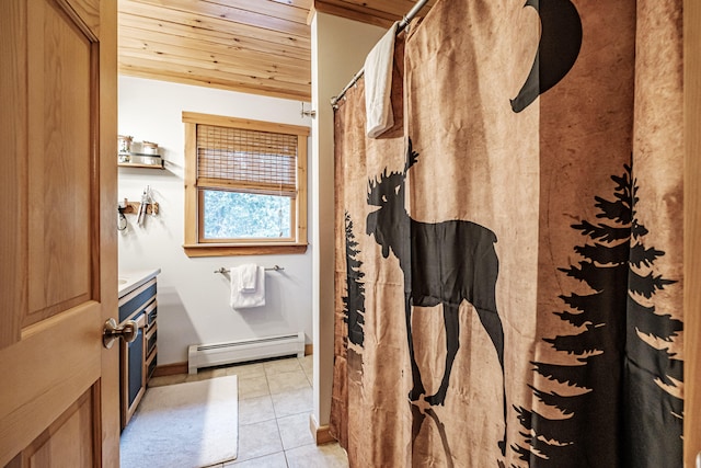 bathroom featuring curtained shower, vanity, wood ceiling, baseboard heating, and tile patterned floors