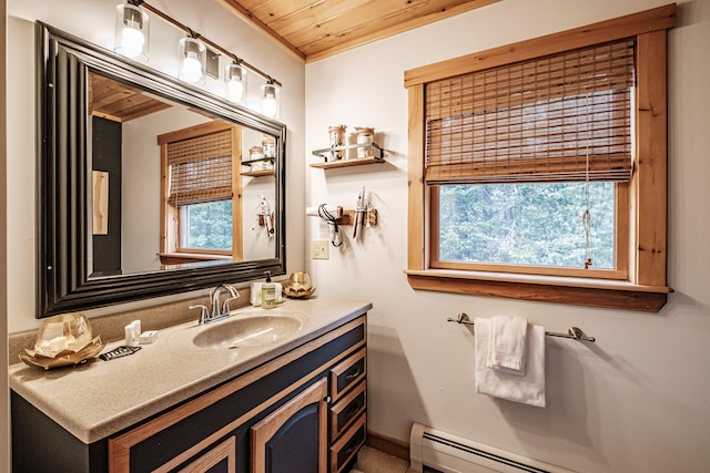 bathroom with plenty of natural light, a baseboard radiator, vanity, and wood ceiling