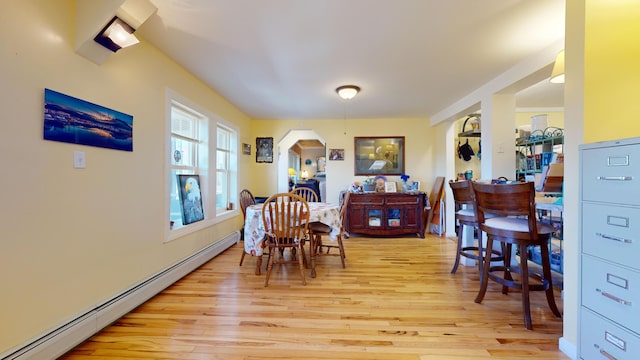 dining room with light hardwood / wood-style flooring and baseboard heating