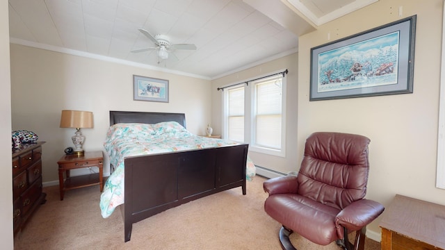 bedroom with light carpet, ceiling fan, baseboard heating, and crown molding