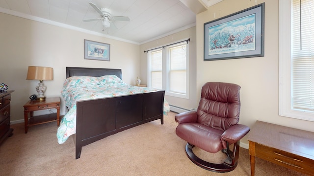 bedroom with light carpet, a baseboard radiator, ornamental molding, and ceiling fan