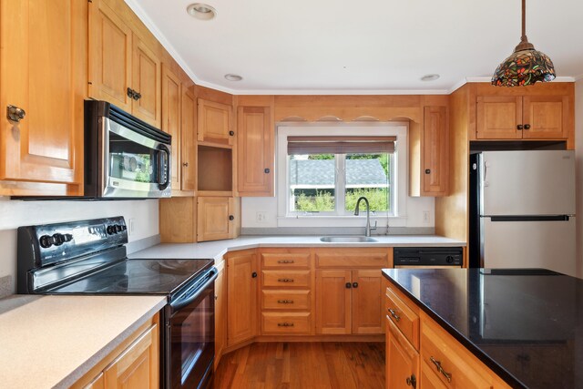 kitchen with stainless steel appliances, sink, hanging light fixtures, light hardwood / wood-style flooring, and ornamental molding