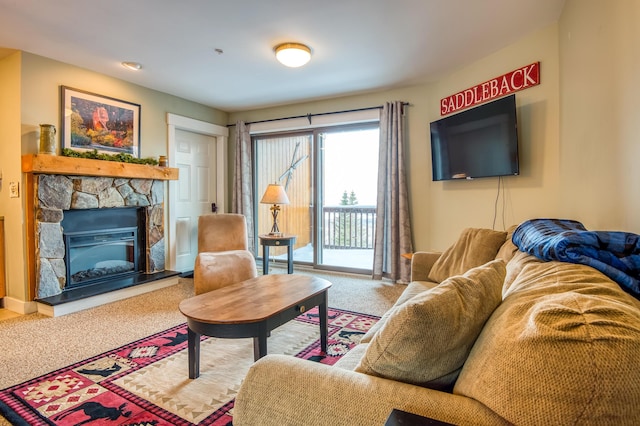 living room featuring carpet floors and a fireplace