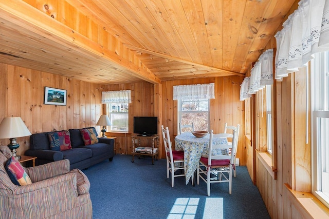 living room with wooden ceiling, plenty of natural light, and carpet flooring