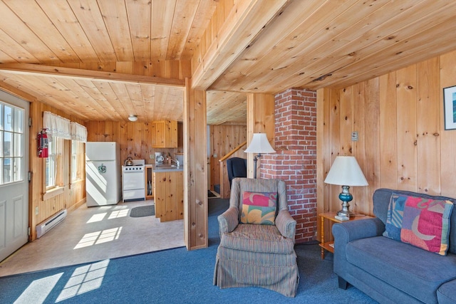 living room featuring light colored carpet, wooden ceiling, brick wall, and baseboard heating