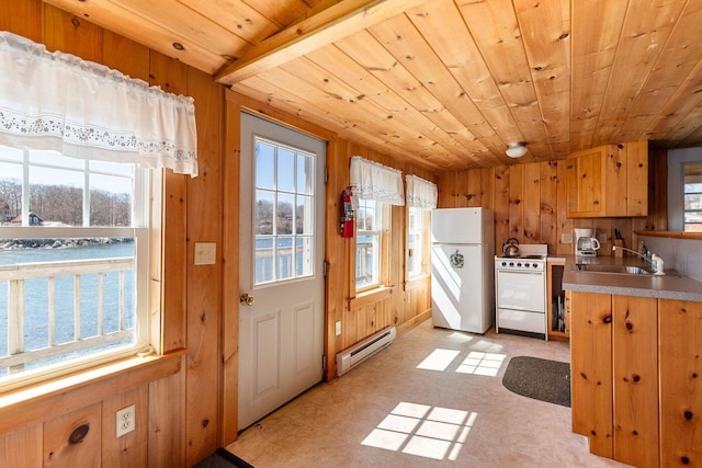 kitchen with a wealth of natural light, a baseboard radiator, white appliances, and wood ceiling