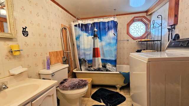 full bathroom with vanity, washer / dryer, ornamental molding, and toilet