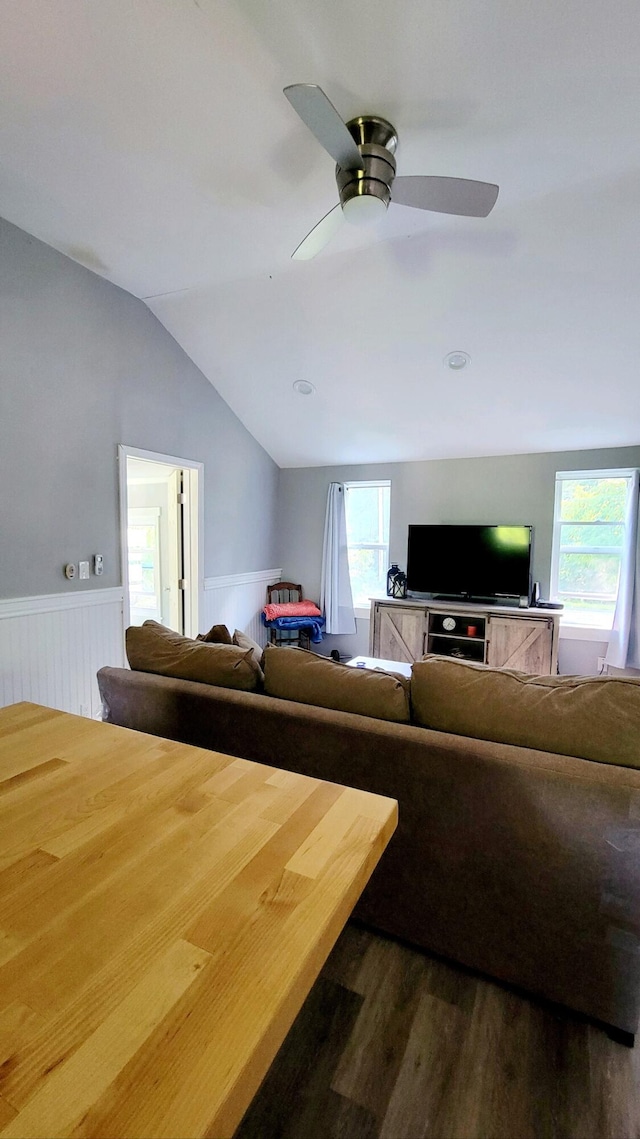 living room with ceiling fan, lofted ceiling, a healthy amount of sunlight, and wood-type flooring