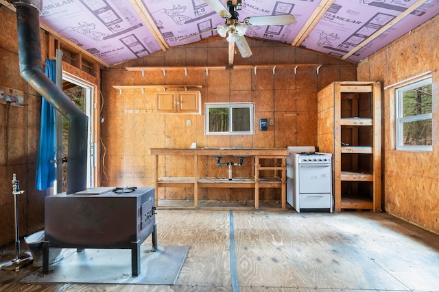 office space featuring ceiling fan and lofted ceiling