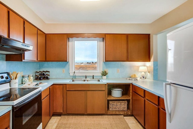 kitchen featuring light tile patterned flooring, white appliances, sink, and exhaust hood