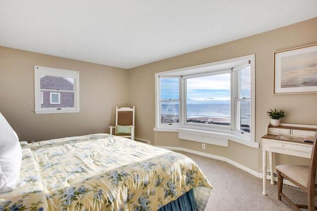 bedroom with carpet, a water view, and a baseboard radiator