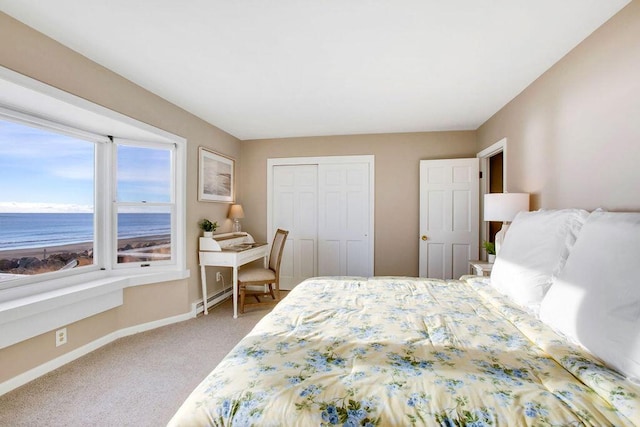 bedroom featuring a baseboard radiator, a view of the beach, a water view, a closet, and carpet