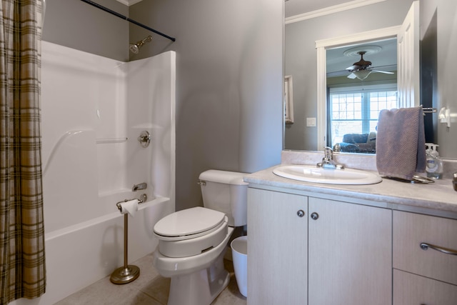 full bathroom featuring ceiling fan, vanity, toilet, shower / bathtub combination with curtain, and ornamental molding