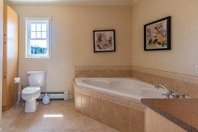 bathroom featuring toilet, tile patterned floors, crown molding, a relaxing tiled tub, and a baseboard radiator