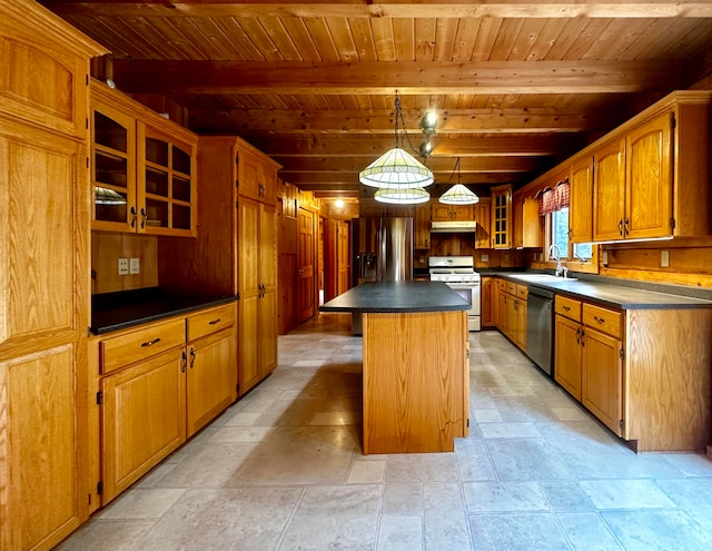 kitchen featuring stainless steel appliances, beam ceiling, wood ceiling, and a center island