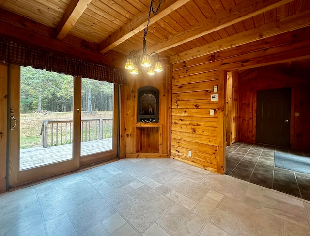 interior space featuring a notable chandelier, beamed ceiling, wooden walls, and wood ceiling