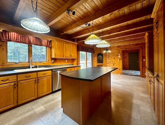 kitchen with a kitchen island, stainless steel dishwasher, wood ceiling, sink, and beam ceiling