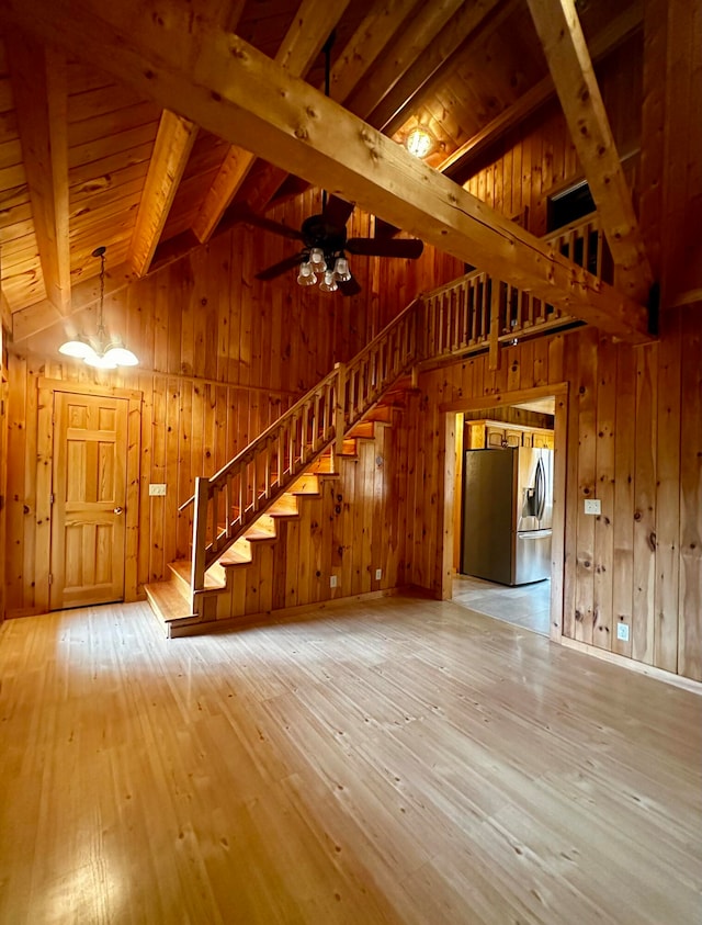 unfurnished living room featuring light hardwood / wood-style floors, wood ceiling, lofted ceiling with beams, and wooden walls