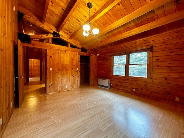 interior space with wood walls, wooden ceiling, vaulted ceiling with beams, and light hardwood / wood-style flooring