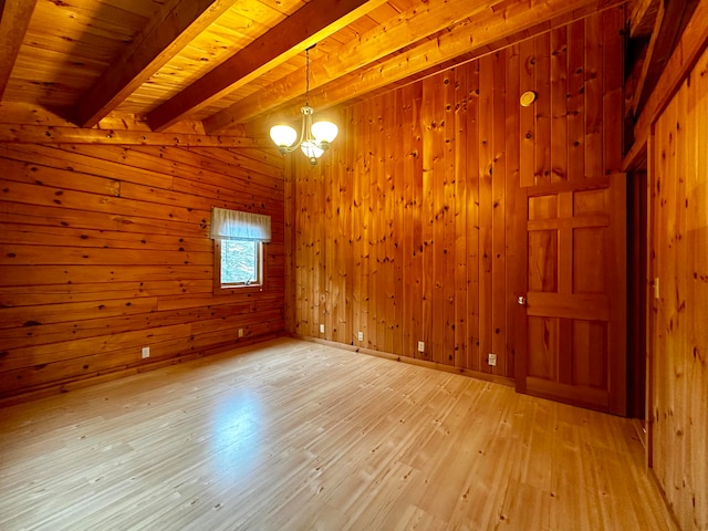 unfurnished room featuring wooden walls, wood-type flooring, wooden ceiling, a notable chandelier, and beam ceiling