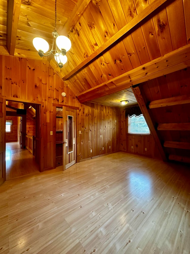 interior space with vaulted ceiling with beams, wooden ceiling, and light hardwood / wood-style flooring