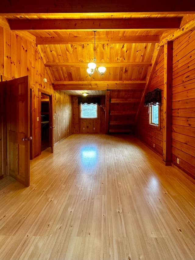 unfurnished living room with vaulted ceiling with beams, wood walls, wood ceiling, and light hardwood / wood-style floors