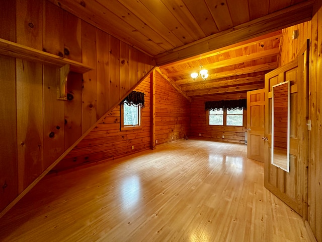 bonus room with wood walls, wood ceiling, lofted ceiling with beams, and light hardwood / wood-style floors