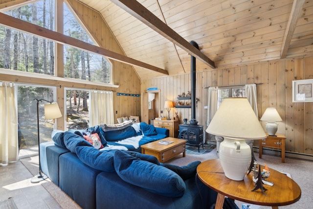 living room featuring beamed ceiling, high vaulted ceiling, wooden walls, and a wood stove