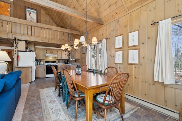 dining space with a baseboard radiator, beam ceiling, plenty of natural light, and a chandelier