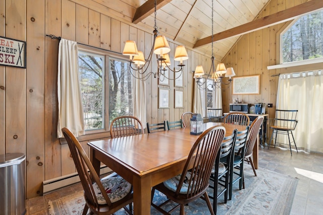 dining area featuring beamed ceiling, a wealth of natural light, and a chandelier