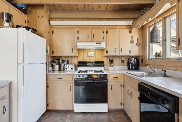 kitchen with dark tile floors, white appliances, wooden ceiling, beam ceiling, and sink