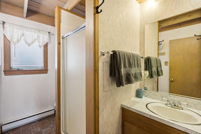 bathroom featuring toilet, an enclosed shower, vanity, a baseboard radiator, and tile floors