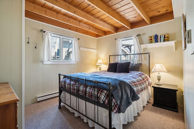 bedroom with beam ceiling, carpet, baseboard heating, and wood ceiling